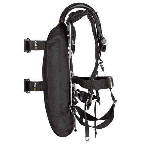 Side view of Zen Deluxe Single Tank Scuba BCD with Narrow Zen Wing for superior buoyancy control, stainless backplate, no weight pockets.