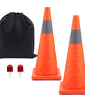 Two Pack 28 Inch Collapsible Traffic Safety Cones With Reflective Collar, orange cones, black storage bag, lights included.