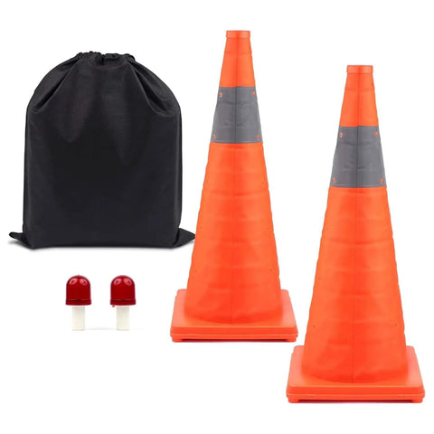 Two Pack 28 Inch Collapsible Traffic Safety Cones With Reflective Collar, orange cones, black storage bag, lights included.