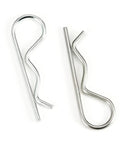 Close-up view of two stainless steel R clips from 4 Pack Heavy Duty Hitch Pins And R Clips Stainless Steel Cotter Pins For Trailers Tractors Mowers Carts And Trucks Large Spring Retaining Hair Pins M5x100mm Corrosion Resistant And Built To Last.