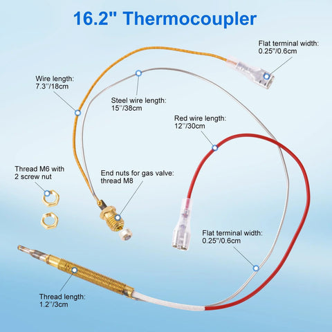 Front view of 16.2-inch thermocouple sensor kit with red and steel wires, M8/M6 threads, nuts, and gas valve end fittings