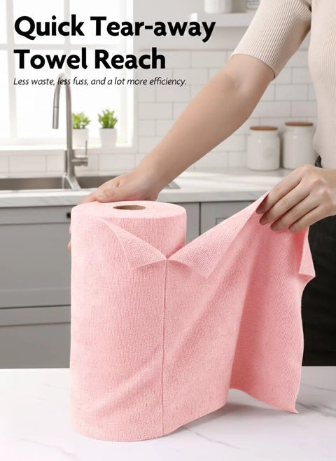 Pink microfiber cleaning cloth roll with tear-away sheets, 12x12 in, kitchen use