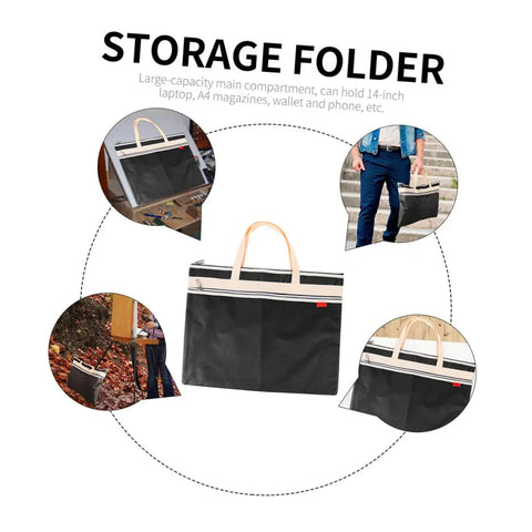 All In One Art Storage Pouch With Zipper File Bag for documents, artwork, supplies, showing multiple use scenarios, Oxford fabric, 14 inch size.