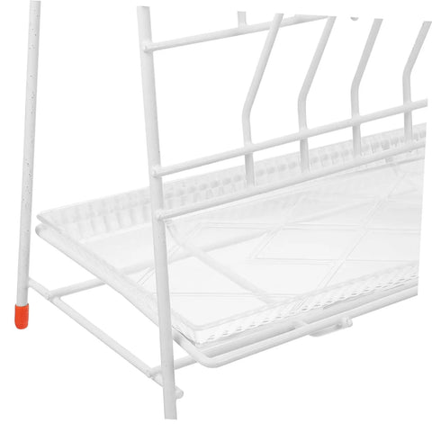 Built Tough White Metal Laboratory Bottle Drying Rack With Thirty Two Pegs For Test Tubes And Glassware showing clear drip tray and pegs