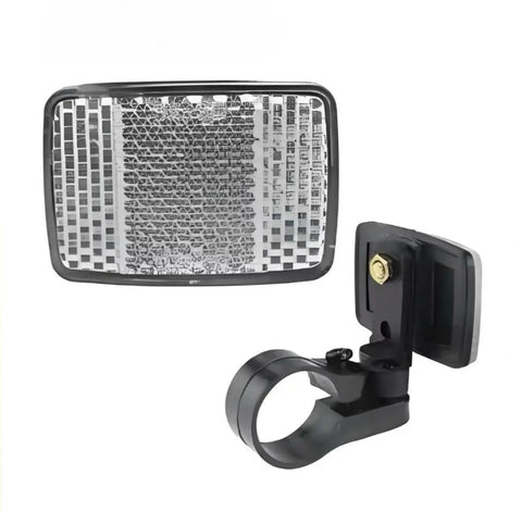 Eight Piece Bike Front And Rear Reflector Kit with aluminum bicycle bell, focus on white front reflector with mounting bracket