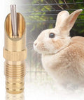 Auto Flow Rabbit Water Feeder Kit With Hose Hookup For Small Critters And Poultry Coops showing a brass nipple close-up with a rabbit.