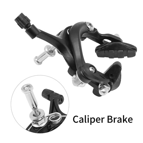 Road Bike Brake Caliper Kit With Aluminum Alloy Construction And C Shape Brake Lever, detailed view showing caliper and brake pad.