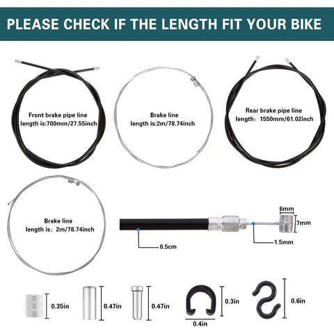 All Purpose Universal Bike Brake Cable Set Front and Rear for Mountain MTB and Road Bikes with Free End Caps Black, sizes shown
