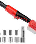 Cordless Ratchet Wrench 3 8 Inch Compatible With Milwaukee 18V Battery 500 RPM Brushless Power 75 Ft Pounds Torque Includes Seven Sockets One Quarter Inch Adapter Three Inch Extension Bar Tool Only, with accessories and sockets displayed.
