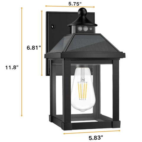 Rock Solid Outdoor Solar Sconce Lights Featuring Integrated Panels For Instant Front Porch Glow And Zero Wiring Hassle Free Weather Resistant wall mount fixture, black color, dimensions 11.8x5.75x6.81 inches.