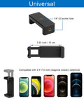 Universal phone holder with 1/4-20 screw hole, compatible with 3.5-7.0 inch screens, shown with multiple smartphone models.