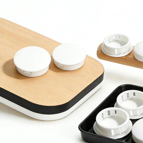 210 Piece White Plastic Screw Hole Plugs For Round Holes Nylon Panel Knockout Flush End Caps on wooden board