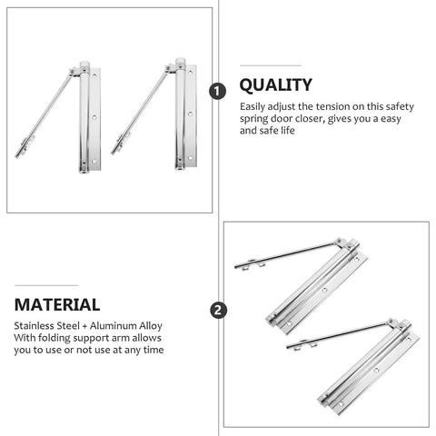 2 Pack Automatic Door Closer With Folding Support Arm Stainless Steel And Aluminum Alloy Silver Finish Beefy Heavy Duty Spring Door Closer Buffer For Smooth Quiet Close And Durable Weather Resistant Construction For Interior Or Exterior Doors displayed