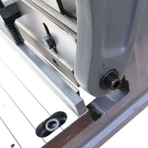 Close-up of 52 Inch 16 Gauge Sheet Metal Shear Press Brake And Slip Roll Combo showing detail of back gauge and segmented fingers.