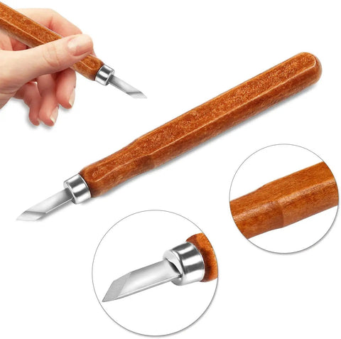 Close-up of a wood carving knife from the Wood Carving Knife Set 20 Piece Kit With Carbon Steel Blades And Electrolytic Coating.