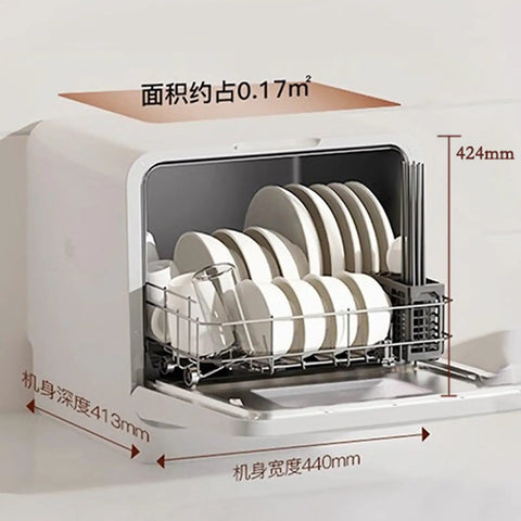 No Sweat Countertop Dishwasher For Heavy Duty Plates And Produce Wash With Front Load Door and smooth slide basket loaded with dishes.