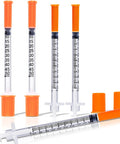 No Sweat 0.5 Ml Syringe With 31G 5/16 Inch Needle Pack Of 25 Sterile And Individually Bagged For Spot On Measurements Smooth Plunger Glide Rock Solid Grip showing multiple sterile syringes with orange caps.