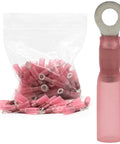 Built Like A Tank Heat Shrink Insulated Ring Crimp Terminals Tinned Brass Wire Connectors 22 To 18 Awg Red Sealed Eyelets in a bag.