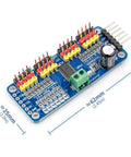 PCA9685 Compatible 16 Channel PWM Servo Driver with I2C Interface for Arduino and Raspberry Pi, showing dimensions and components.