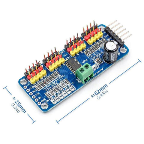 PCA9685 Compatible 16 Channel PWM Servo Driver with I2C Interface for Arduino and Raspberry Pi, showing dimensions and components.