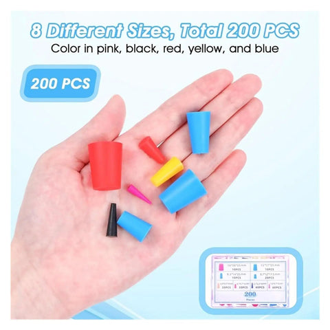 Top Tier Silicone Rubber Tapered Plugs Set With 200 Pieces In 8 Different Sizes Perfect For Powder Coating And High Temp Jobs That Hold Up Bad Without Cracking Or Warping During Tough Use Times. Hand with assorted silicone tapered plugs