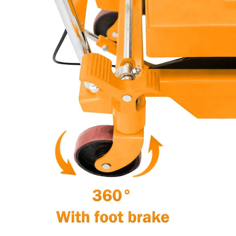 Close-up of Heavy Duty Hydraulic Lift Table Cart with 360° swivel wheels and foot brake for safe maneuvering.