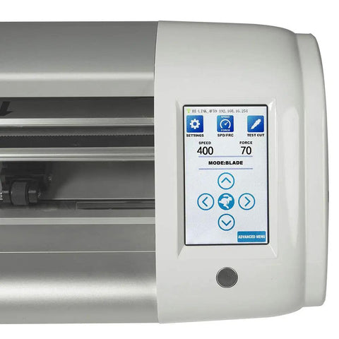 Control panel of P20 WiFi Vinyl Cutter Plotter For Home Crafting And Small Biz showing settings screen with wireless connectivity.