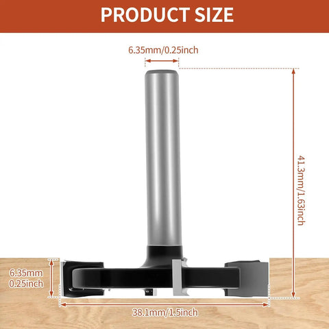 Side view of CNC Spoilboard Surfacing Router Bit with 1/4 inch shank, 1-1/2 inch cutting diameter, carbide tipped, PTFE coated.