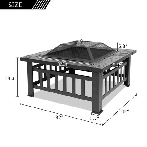 32 Inch Wood Fire Pit With Mesh Lid And Fire Poker Portable Outdoor Fireplace, steel frame with dimensions overlayed