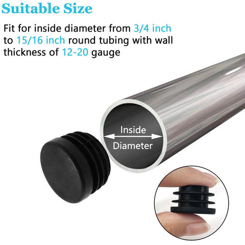 12 Pcs Round Plastic Hole Plugs 25mm Black End Caps for tubing showing size compatibility with hand holding a plug and diagram