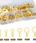 Heavy Duty Brass Insulated Crimp Ring Terminals Spade Connectors 150 Pieces Electrical Wire Connector Kit For Safe And Effective Home Wiring Projects Easy No Solder Setup M3 M6 Sizes A Must Have For Any Electrician Or DIY Guy Looking To Get The Job. brass ring terminals in organizer box, M3-M8 sizes