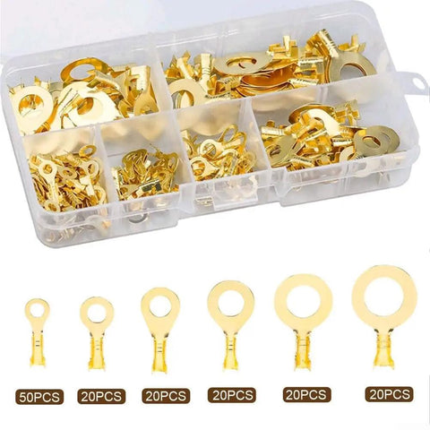 Heavy Duty Brass Insulated Crimp Ring Terminals Spade Connectors 150 Pieces Electrical Wire Connector Kit For Safe And Effective Home Wiring Projects Easy No Solder Setup M3 M6 Sizes A Must Have For Any Electrician Or DIY Guy Looking To Get The Job. brass ring terminals in organizer box, M3-M8 sizes