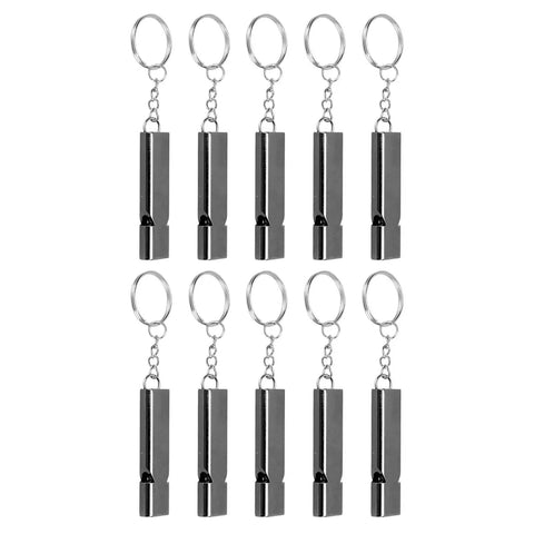 Emergency Survival Whistle 10 Pack Aluminum Alloy Double Tube High Frequency Loud Whistle set with keychains.