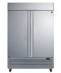 Top Shelf Heavy Hitter 49 Cu Ft Commercial Freezer And Fridge, stainless steel upright cooler with double doors.