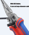 Premium Stainless Steel Wire Crimper And Stripper Tool For Electricians close-up of SK5 blades cutting large-diameter cables.
