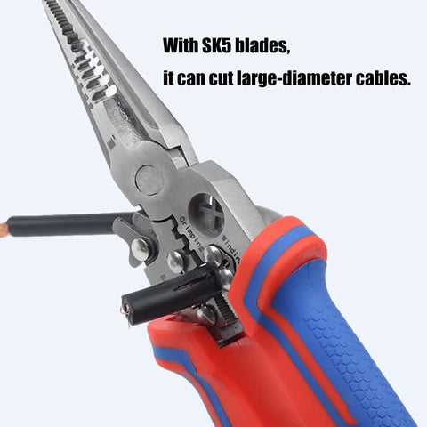 Premium Stainless Steel Wire Crimper And Stripper Tool For Electricians close-up of SK5 blades cutting large-diameter cables.