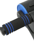 Close-up of black and blue anti-slip handle on Double Wheel Abdominal Roller For Core Workout And Home Gym Anti Slip Handle 105mm Wide Wheels Durable ABS Construction Non Slip Grips Stable And Easy Rolling Curling Abdominal Equipment In Black Blue.