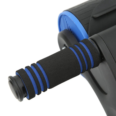 Close-up of black and blue anti-slip handle on Double Wheel Abdominal Roller For Core Workout And Home Gym Anti Slip Handle 105mm Wide Wheels Durable ABS Construction Non Slip Grips Stable And Easy Rolling Curling Abdominal Equipment In Black Blue.