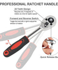 Professional ratchet handle with 24 teeth design and switch, part of 46Piece Small Drive Socket Ratchet Wrench Set for repairs.