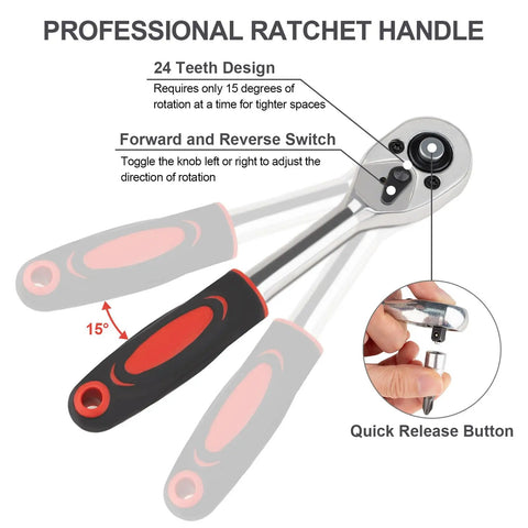 Professional ratchet handle with 24 teeth design and switch, part of 46Piece Small Drive Socket Ratchet Wrench Set for repairs.