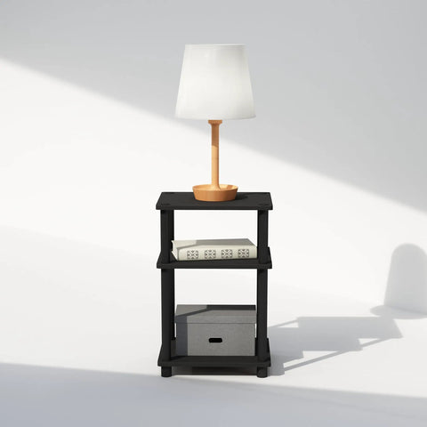3 Tier Open Storage Nightstand With Turn N Tube Poles, Sleek Americano Black Bedside Table With Lamp, Book, and Box
