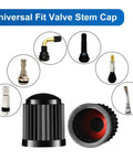Universal Tire Valve Cap Set With Lock Tight Sealing Ring For Bike Bicycle Car Motorcycle Black 16 Pieces Built To Last Durable Plastic And Rubber Construction Easy Fit Replacement Caps For All Vehicles, showing various universal fit valve stems.