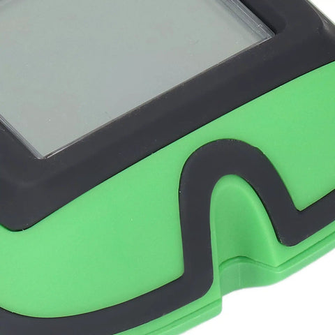Close-up of Mingzhe Electronic Stud Finder with Sound Alarm showing green and black exterior design and display area.