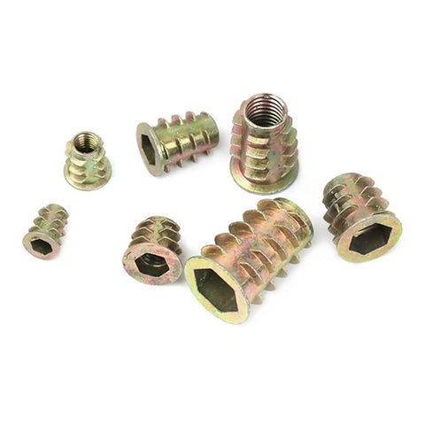 Close-up of rugged zinc alloy wood insert nuts with hex drive from Rugged Zinc Alloy Socket Cap Screws Set M4 M5 M6 M8 M10 For Wood Insert Nuts.