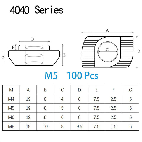 Diagram of 4040 Series M5 T Nuts Hammer Head T Slot Nut Fasteners Nickel Plated Carbon Steel Nuts For Aluminum Profiles Pack Of 100