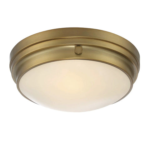 Lucerne Industrial Flush Mount Ceiling Light With White Glass Shades Two Light 120 Total Watts Warm Brass Finish