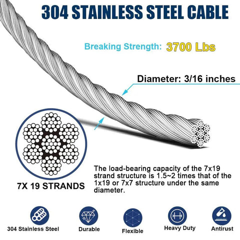 Close-up of 3/16 inch 7x19 stainless steel cable with 3700 lb strength, labeled for Heavy Duty Fifty Foot Three Sixteenth Inch Stainless Steel Wire Rope Kit With Two Quarter Turnbuckles Clamps And Thimbles For Zipline Deck Railing And Outdoor DIY Projects Featuring A 3700 Pound Breaking Strength 7x19 Aircraft Cable