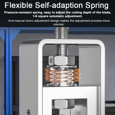 Close-up of flexible spring mechanism on portable wire stripper tool for home use 1 to 25mm cable manual stripping machine.
