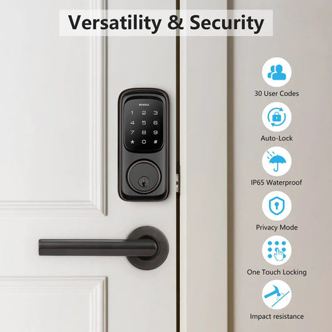 Keyless Entry Door Lock With Touchscreen Keypad Deadbolt For Front Door, ANSI Grade 2 Electronic Lock on white door.