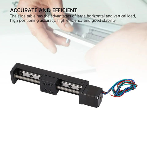 Linear slide stage actuator with NEMA 11 stepper motor, black aluminum rail, 100 mm travel